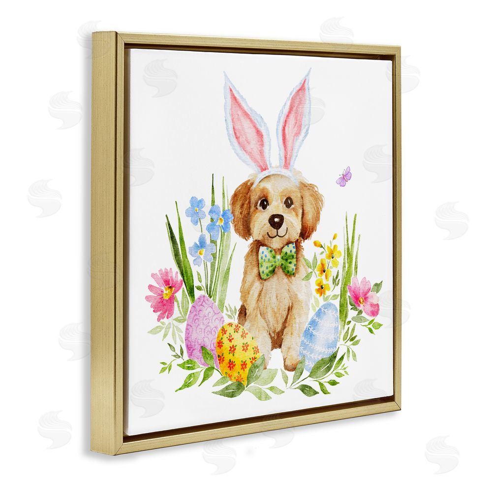Amy Hall Playful Easter Puppy Gold Floating Frame Canvas Art Print