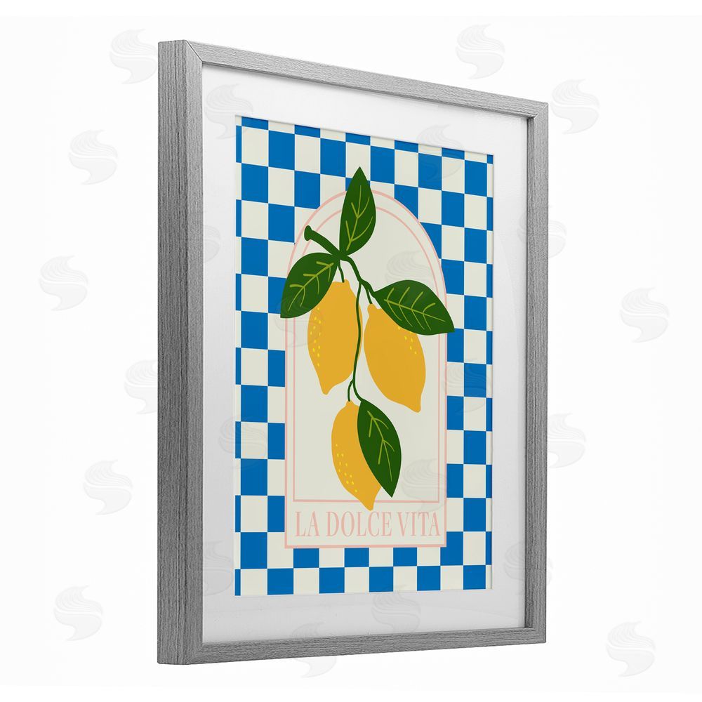Emily Dumas Vibrant Summer Lemons Checkered Gray Framed Print Under Glass with White Mat Wall Art