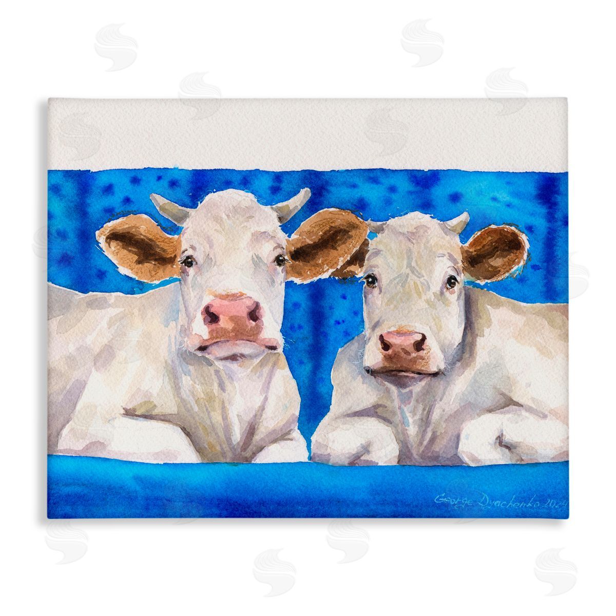 George Dyachenko Two White Cows on Blue Canvas Wall Art Print