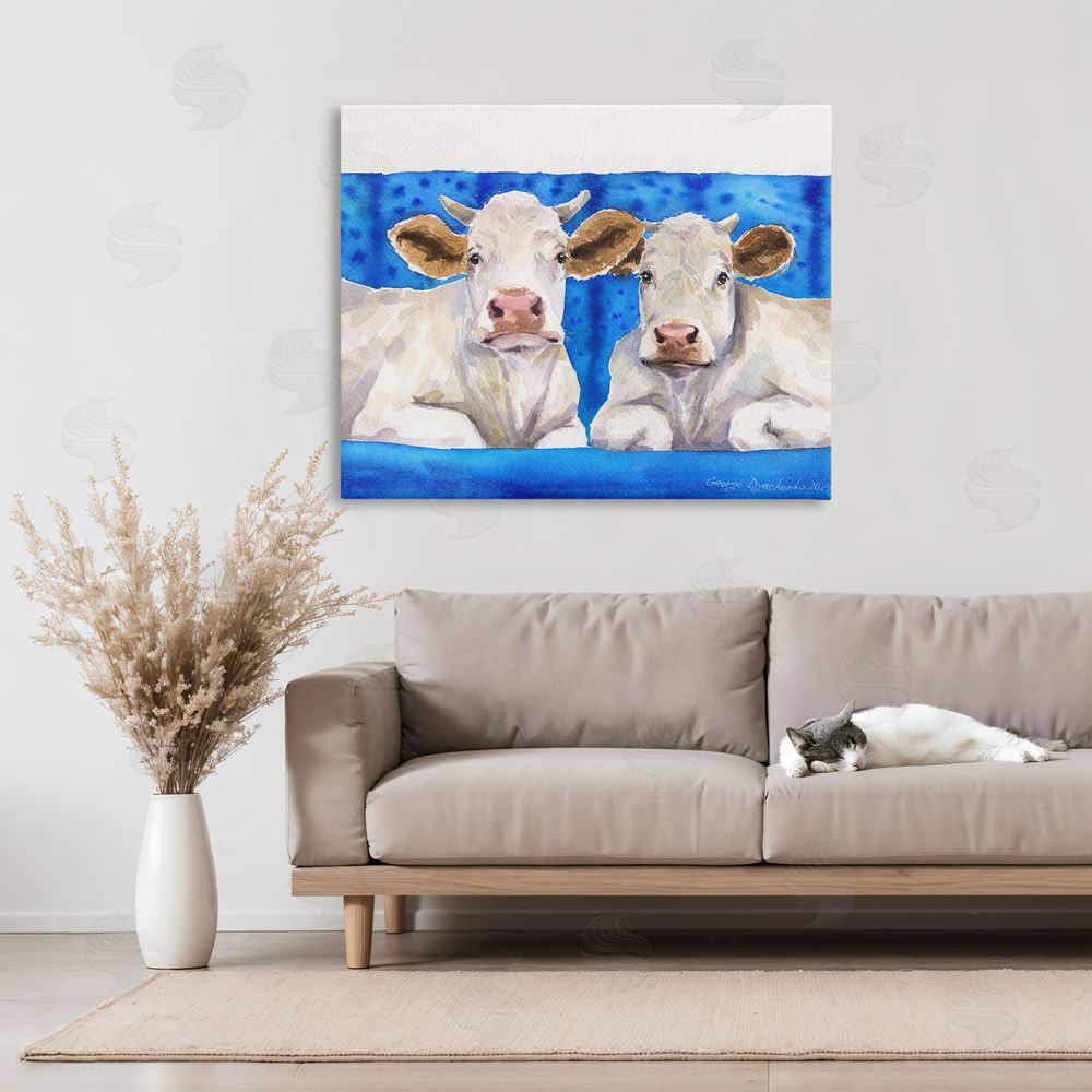 George Dyachenko Two White Cows on Blue Canvas Art on Wall