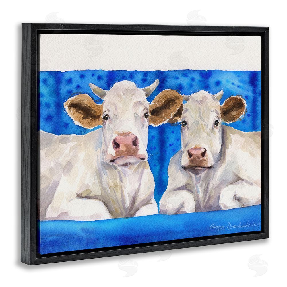 George Dyachenko Two White Cows on Blue Black Floating Frame Canvas Wall Art Print