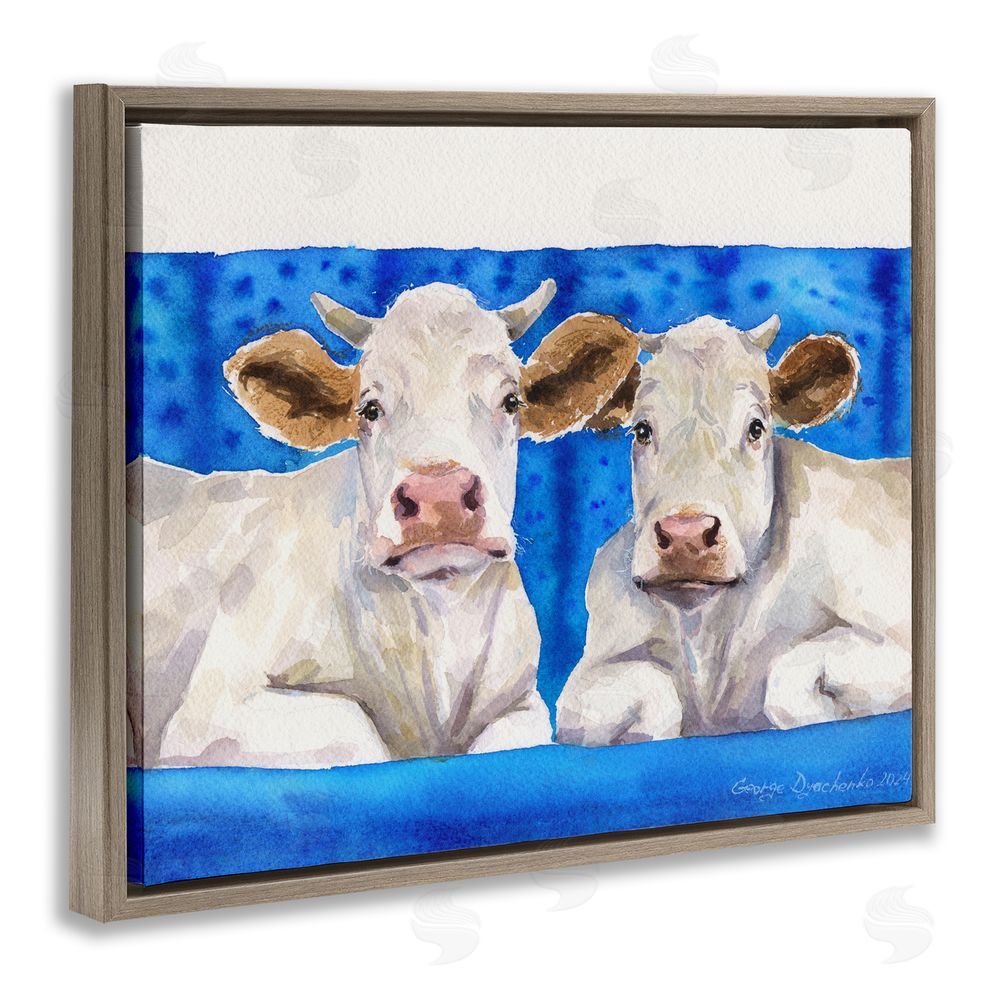 George Dyachenko Two White Cows on Blue Brown Floating Frame Canvas Wall Art Print
