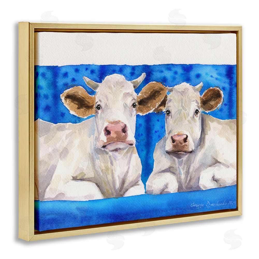 George Dyachenko Two White Cows on Blue Gold Floating Frame Canvas Wall Art Print