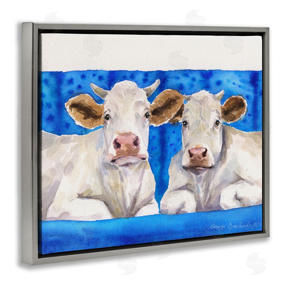 George Dyachenko Two White Cows on Blue Gray Floating Frame Canvas Wall Art Print