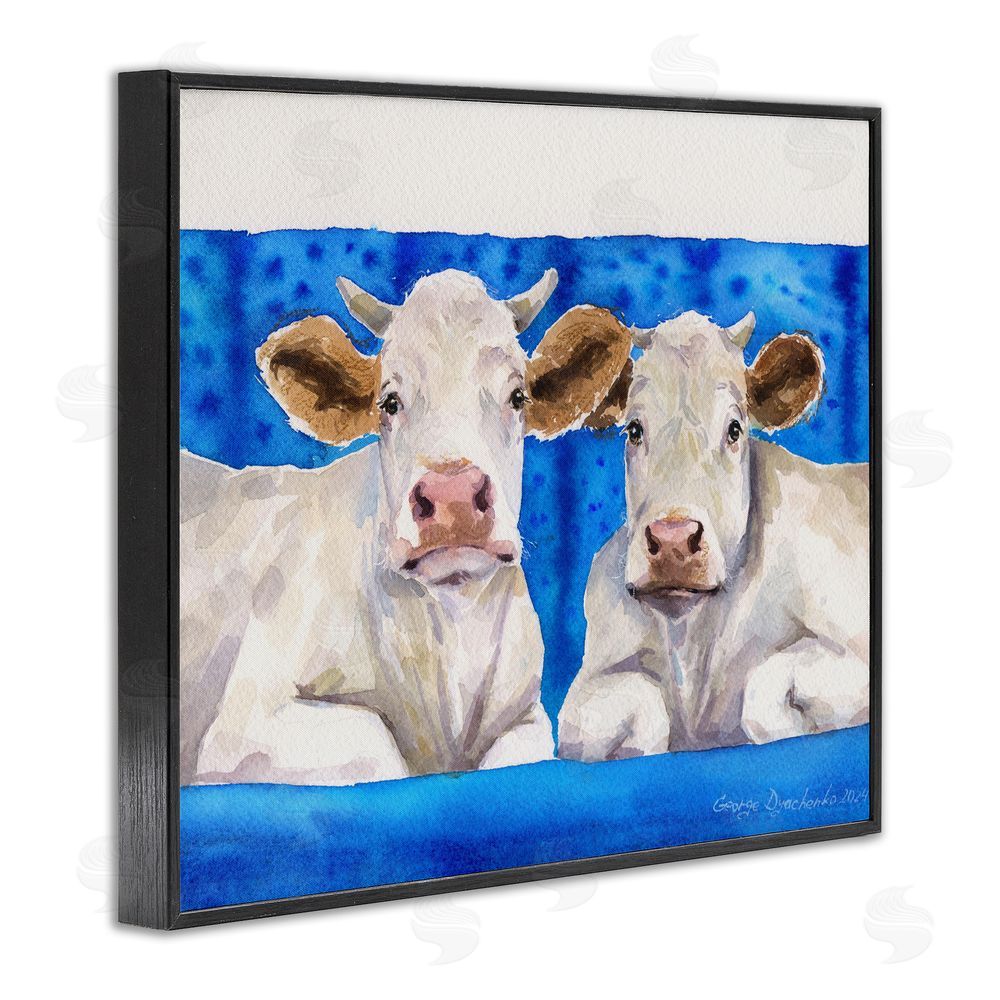 George Dyachenko Two White Cows on Blue Black Framed Giclee Wall Art Print