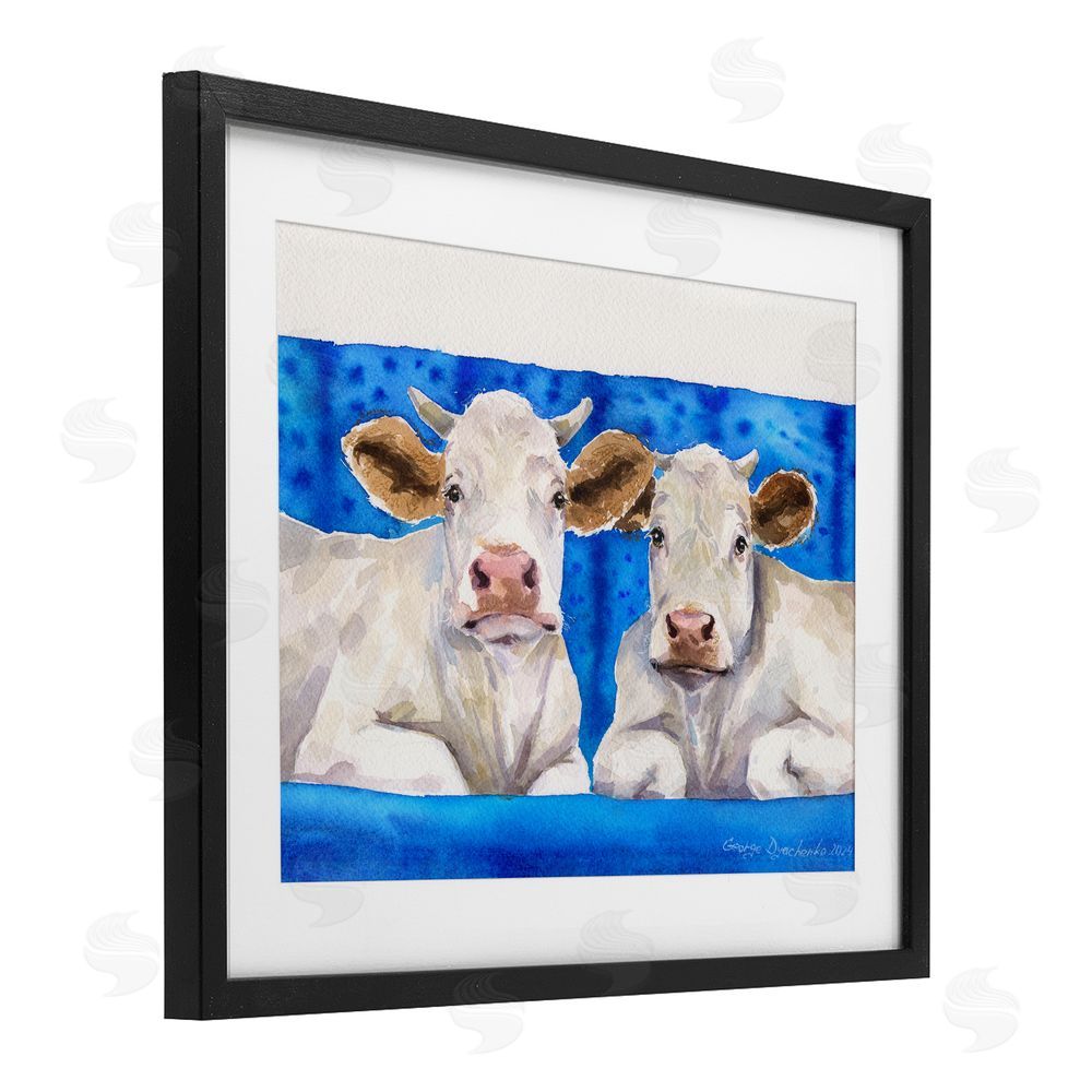 George Dyachenko Two White Cows on Blue Black Framed Print Under Glass with White Mat Wall Art