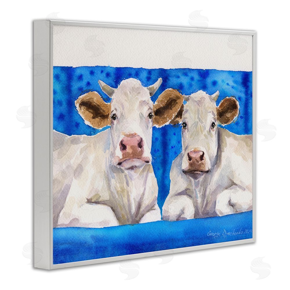 George Dyachenko Two White Cows on Blue White Framed Giclee Wall Art Print