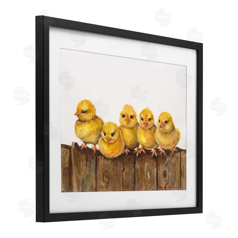 George Dyachenko Chicks on the Fence Black Framed Print Under Glass with White Mat Wall Art