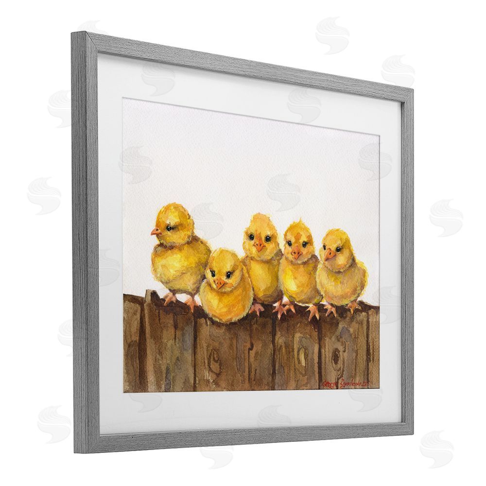 George Dyachenko Chicks on the Fence Gray Framed Print Under Glass with White Mat Wall Art