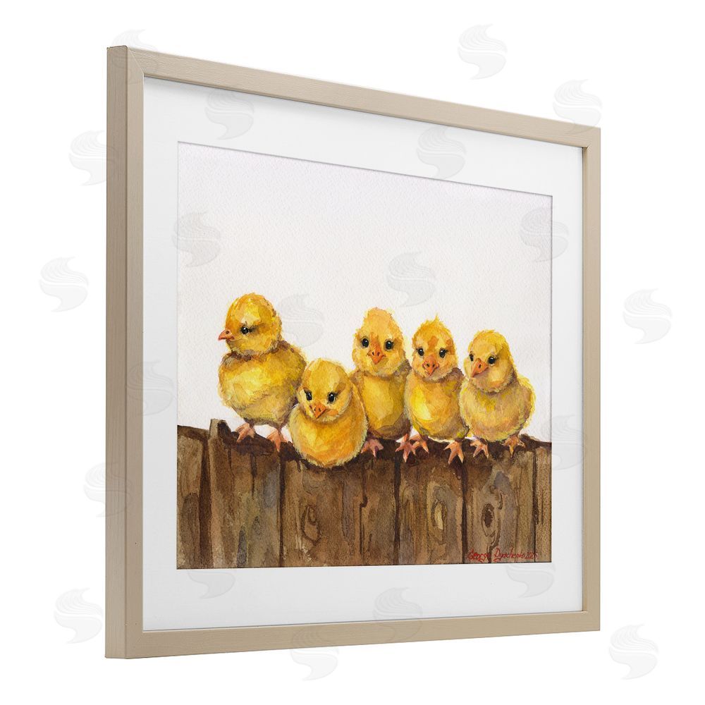 George Dyachenko Chicks on the Fence Birch Framed Print Under Glass with White Mat Wall Art