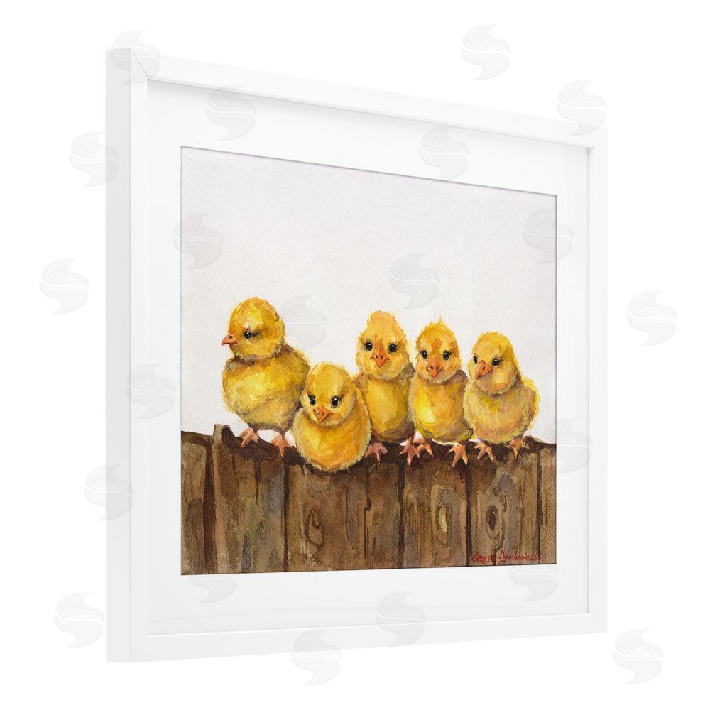 George Dyachenko Chicks on the Fence White Framed Print Under Glass with Mat Wall Art
