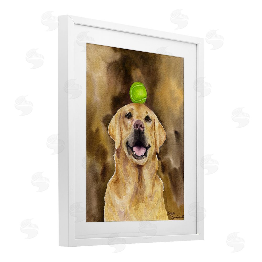 George Dyachenko Golden Retriever with Tennis ball White Framed Print Under Glass with Mat Wall Art