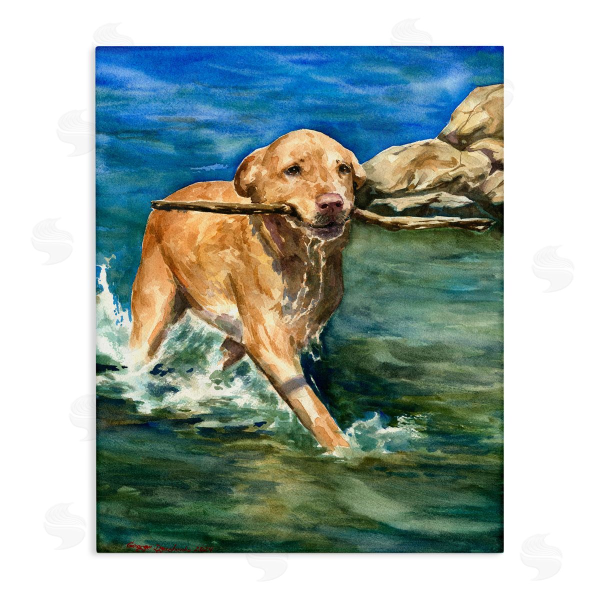 George Dyachenko Happy Labrador with Stick Canvas Wall Art Print