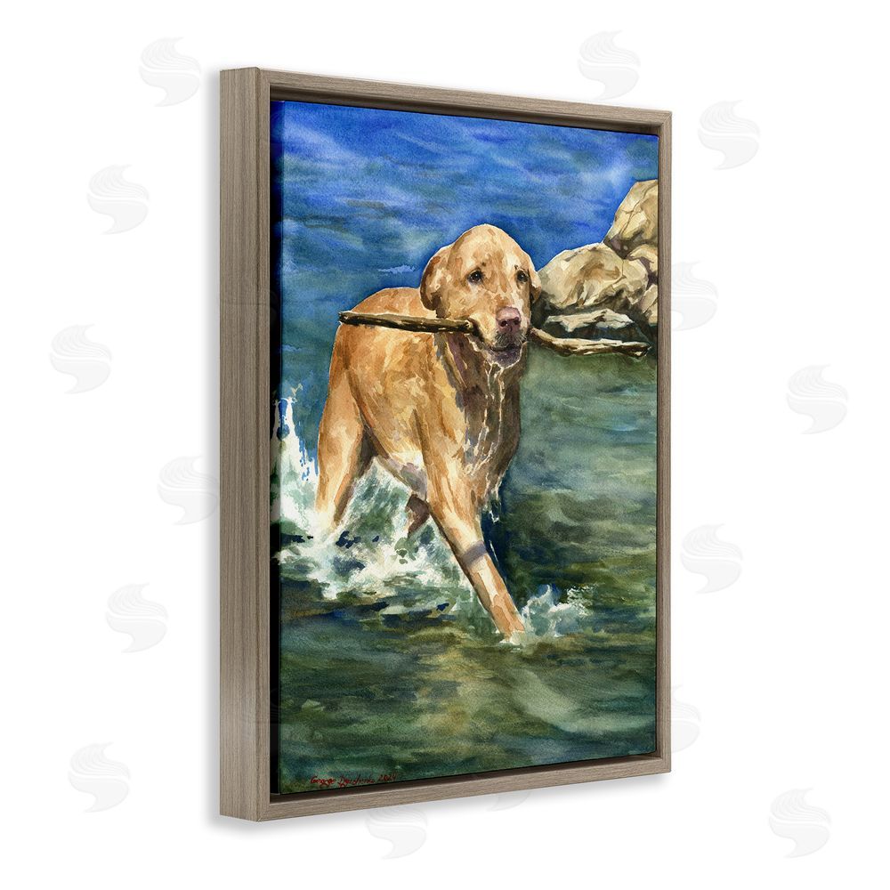 George Dyachenko Happy Labrador with Stick Brown Floating Frame Canvas Wall Art Print