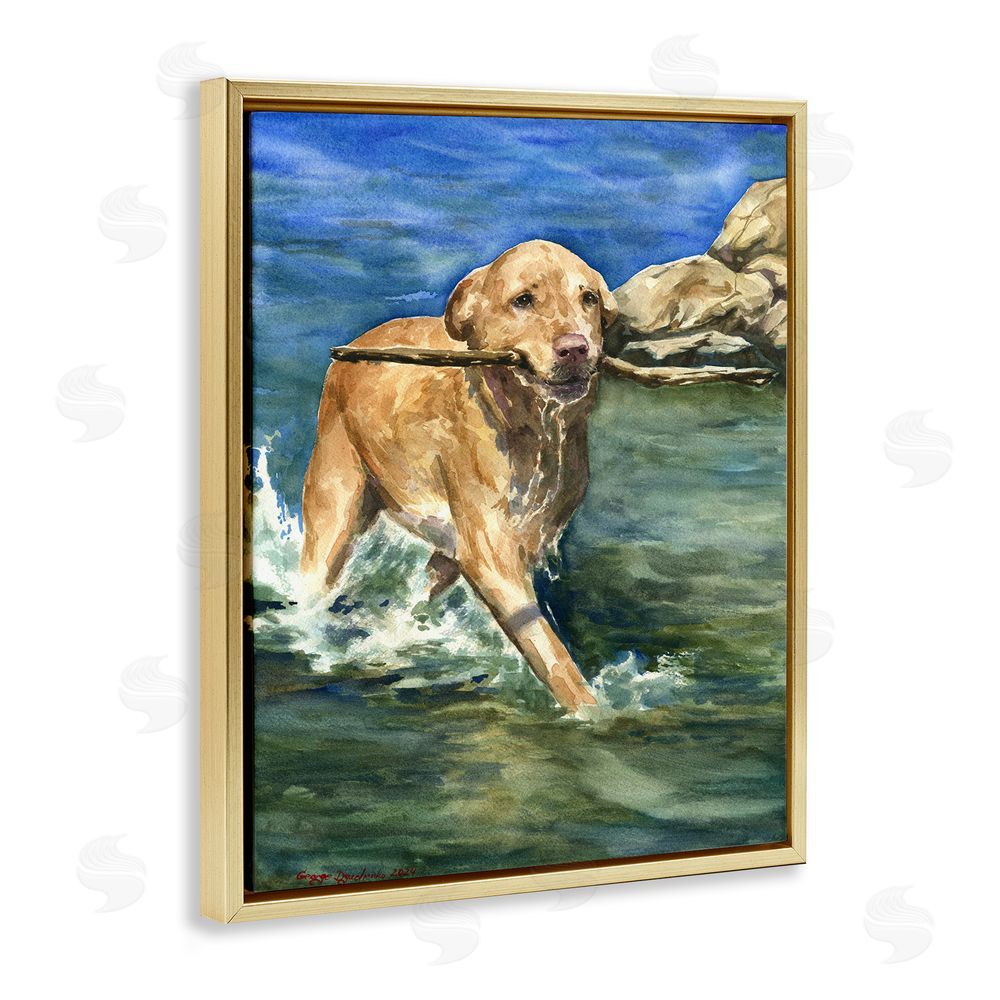 George Dyachenko Happy Labrador with Stick Gold Floating Frame Canvas Wall Art Print