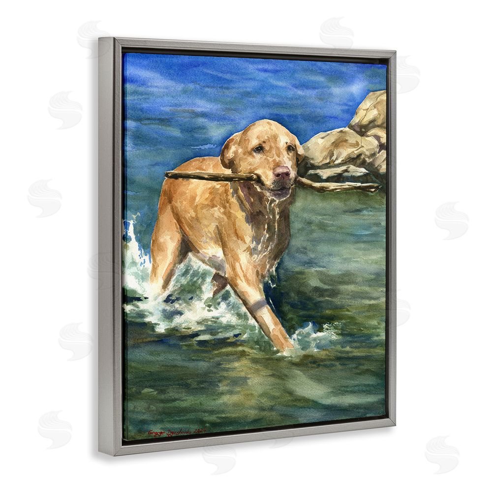 George Dyachenko Happy Labrador with Stick Gray Floating Frame Canvas Wall Art Print