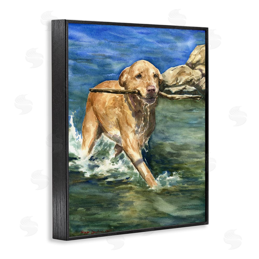 George Dyachenko Happy Labrador with Stick Black Framed Giclee Wall Art Print