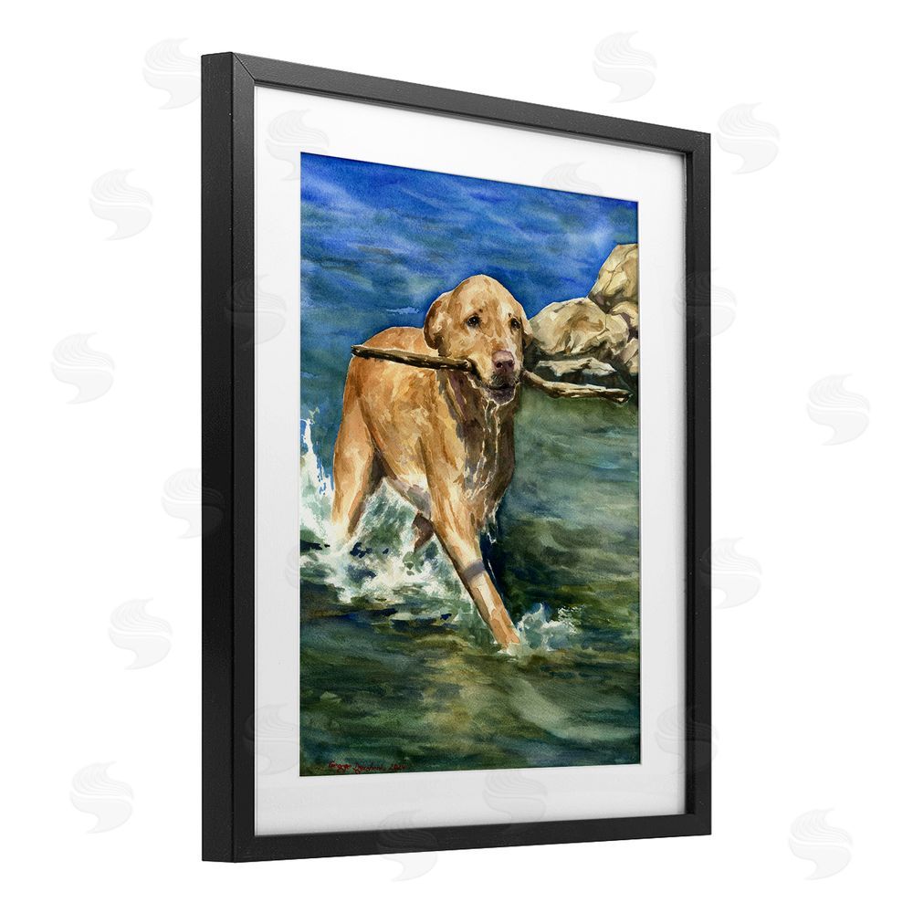 George Dyachenko Happy Labrador with Stick Black Framed Print Under Glass with White Mat Wall Art