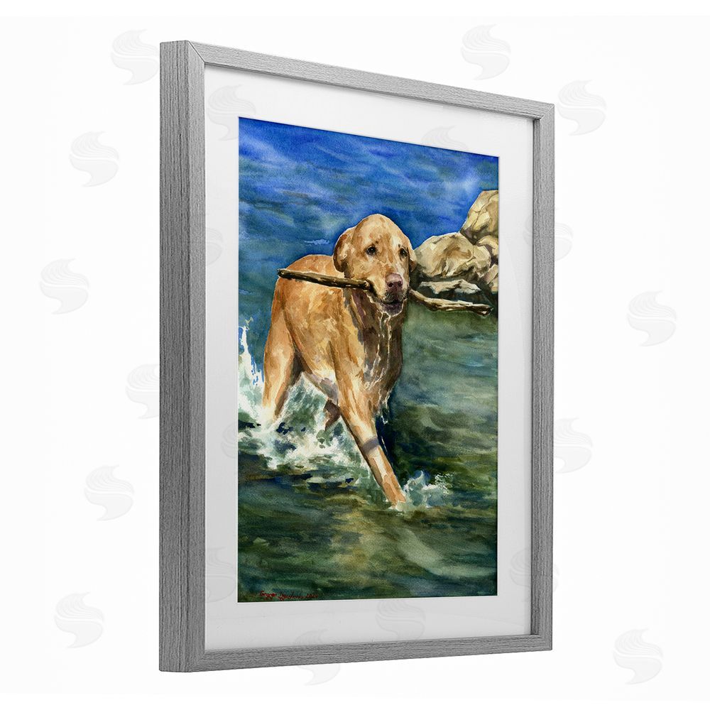 George Dyachenko Happy Labrador with Stick Gray Framed Print Under Glass with White Mat Wall Art