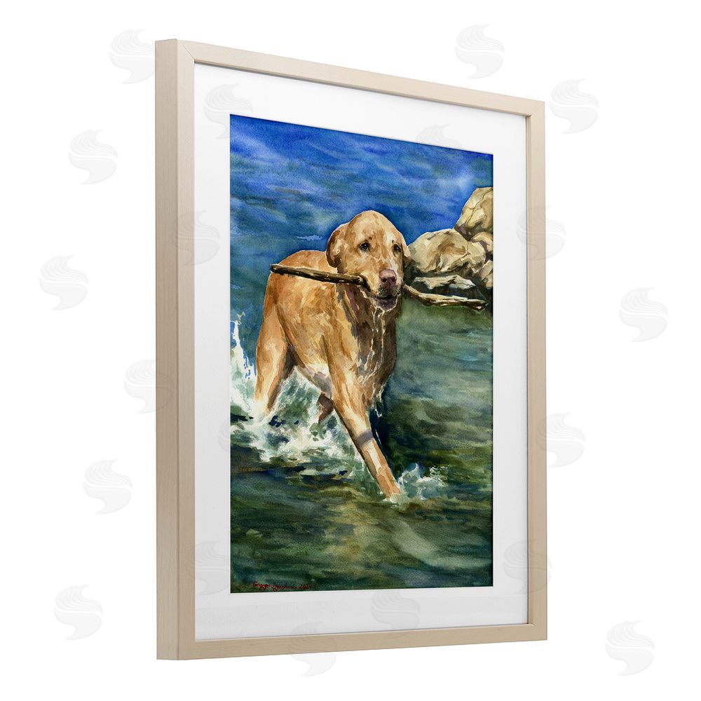 George Dyachenko Happy Labrador with Stick Birch Framed Print Under Glass with White Mat Wall Art