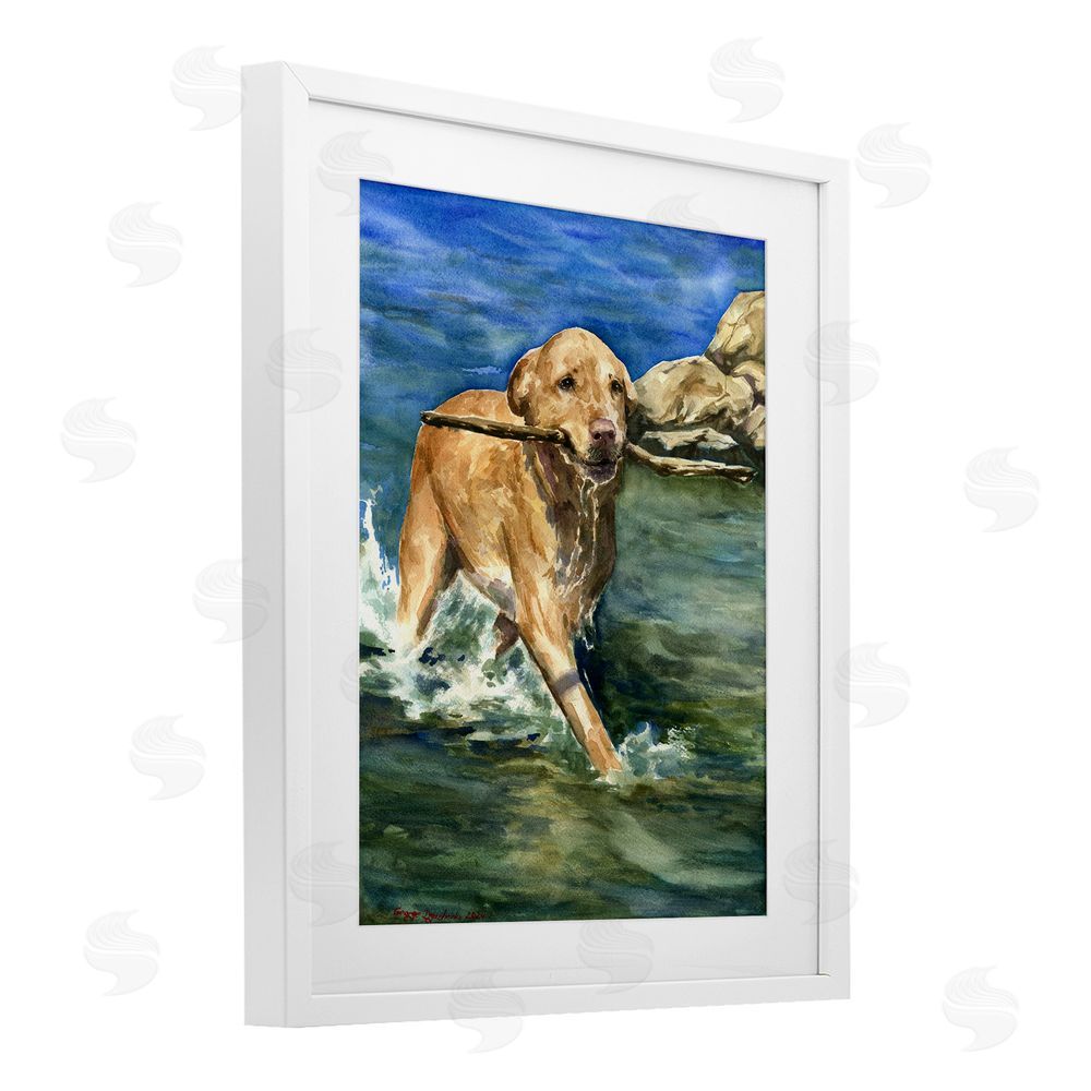 George Dyachenko Happy Labrador with Stick White Framed Print Under Glass with Mat Wall Art