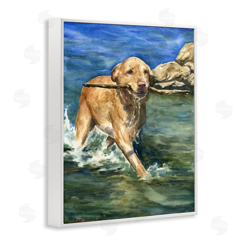 George Dyachenko Happy Labrador with Stick White Framed Giclee Wall Art Print