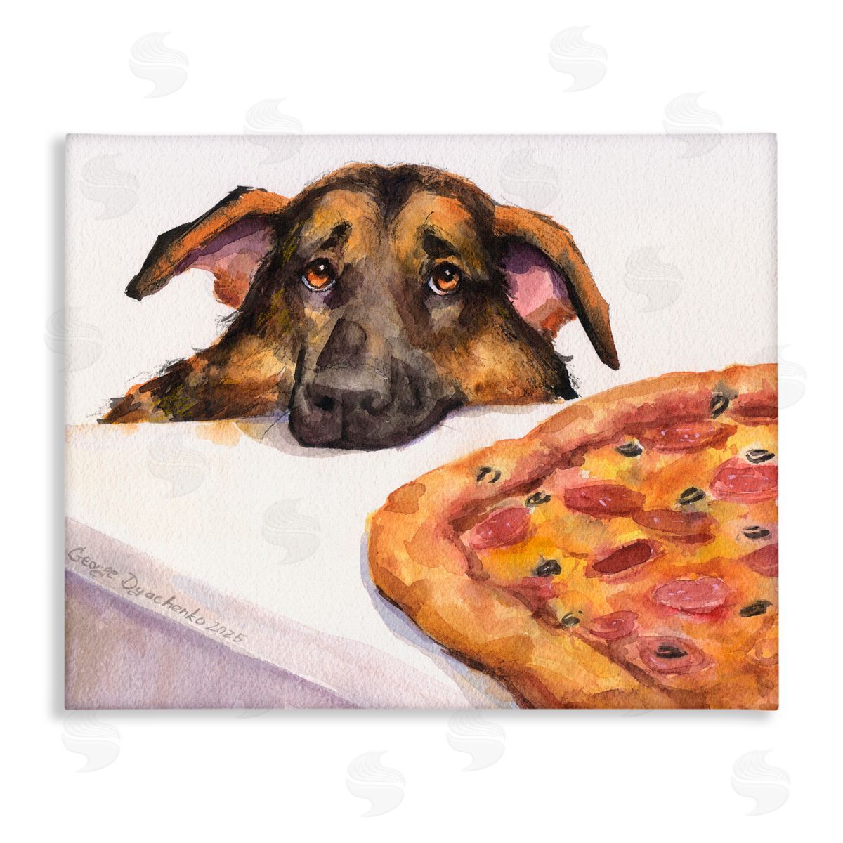 George Dyachenko German Shepherd with Pizza Canvas Wall Art Print