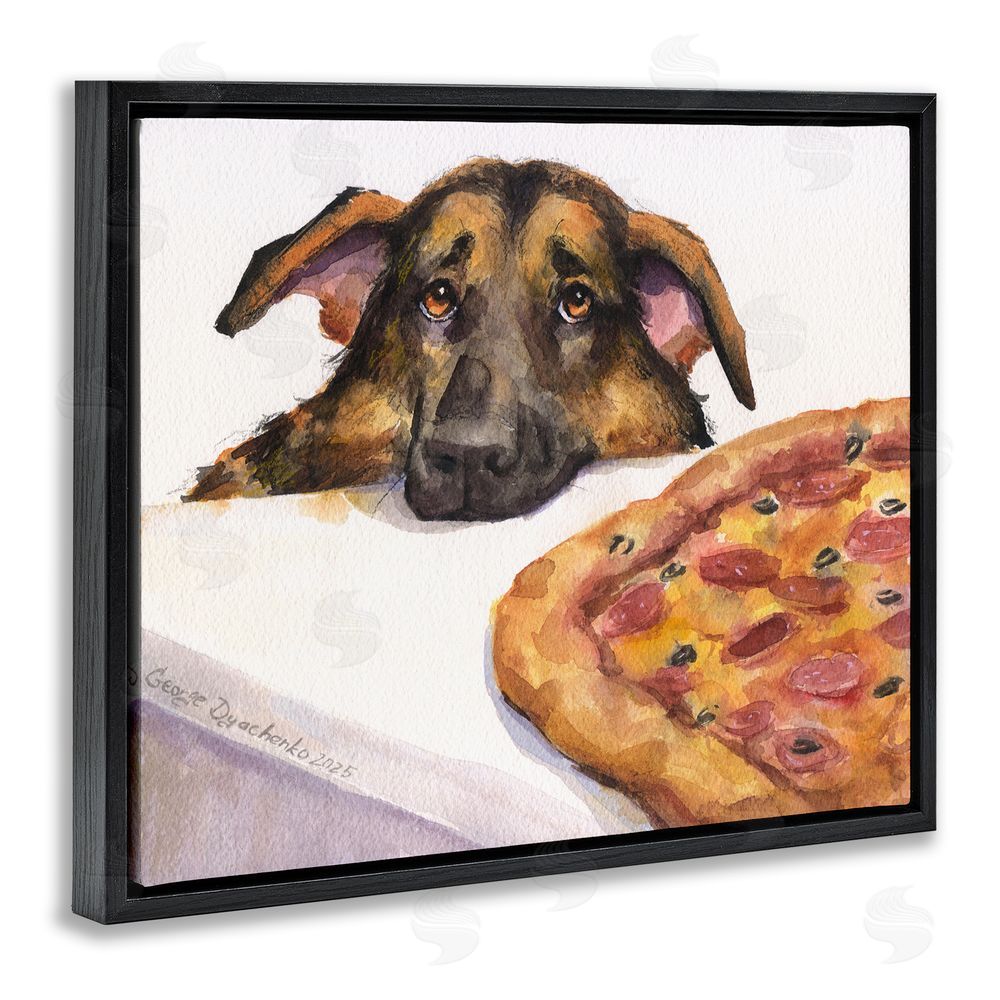 George Dyachenko German Shepherd with Pizza Black Floating Frame Canvas Wall Art Print