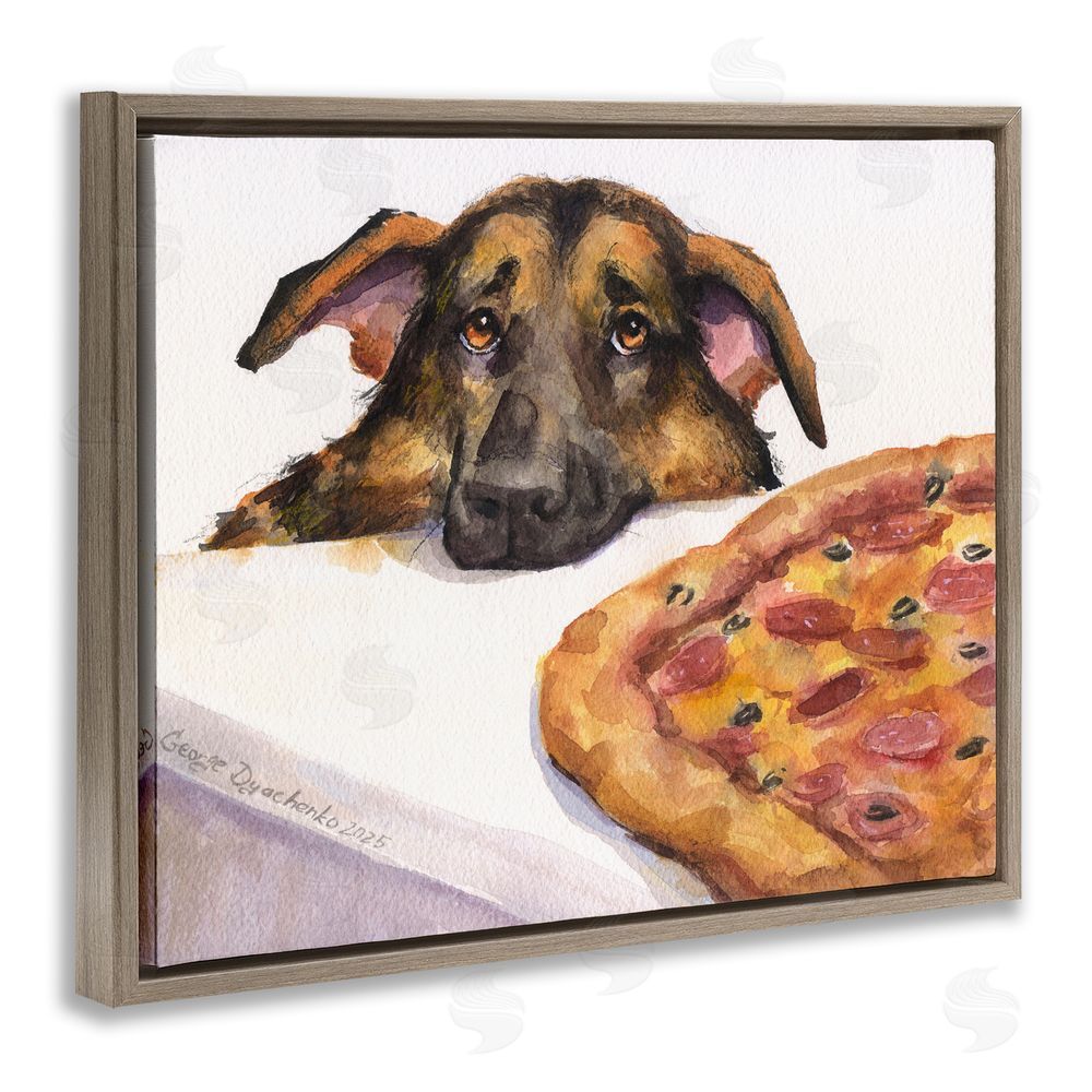 George Dyachenko German Shepherd with Pizza Brown Floating Frame Canvas Wall Art Print