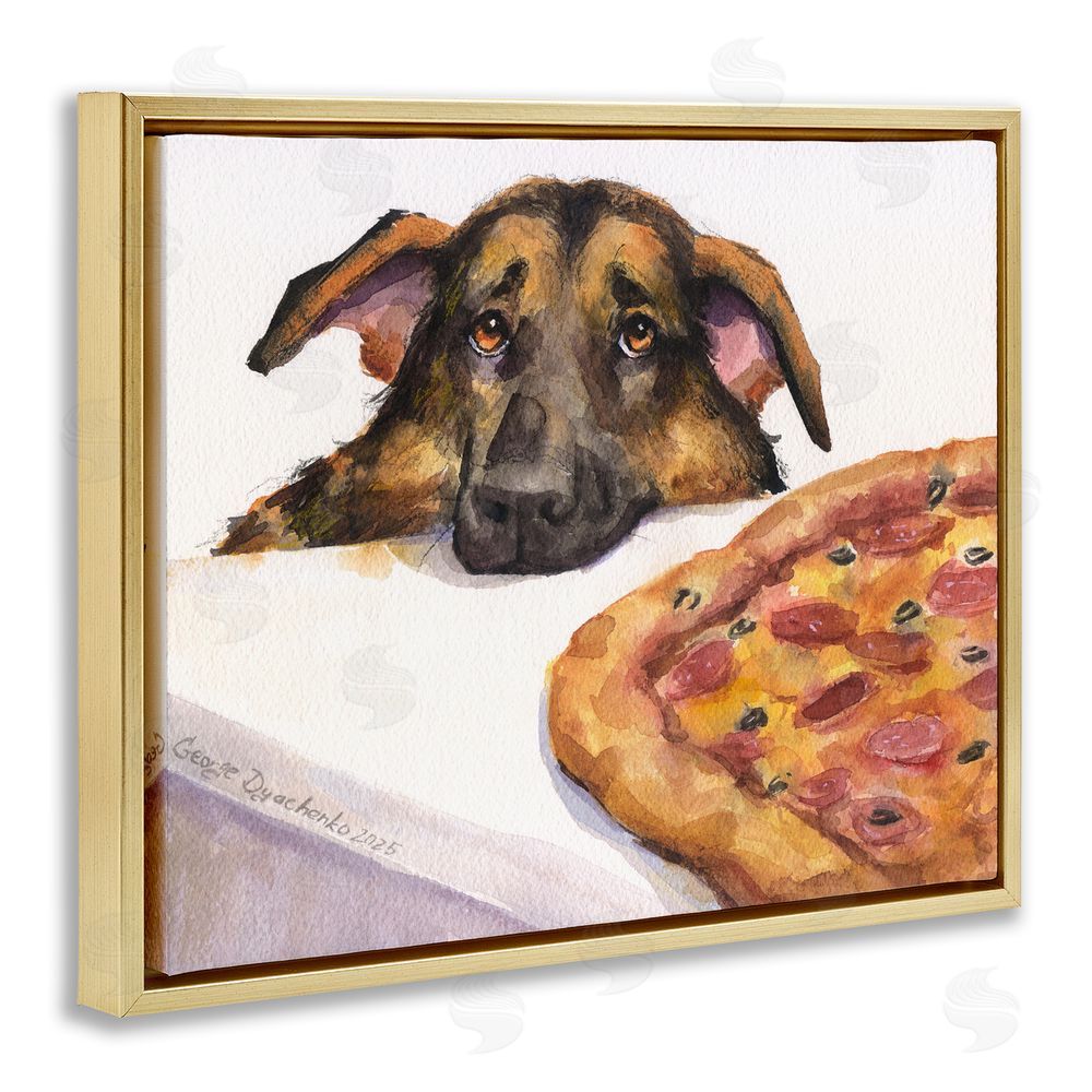 George Dyachenko German Shepherd with Pizza Gold Floating Frame Canvas Wall Art Print