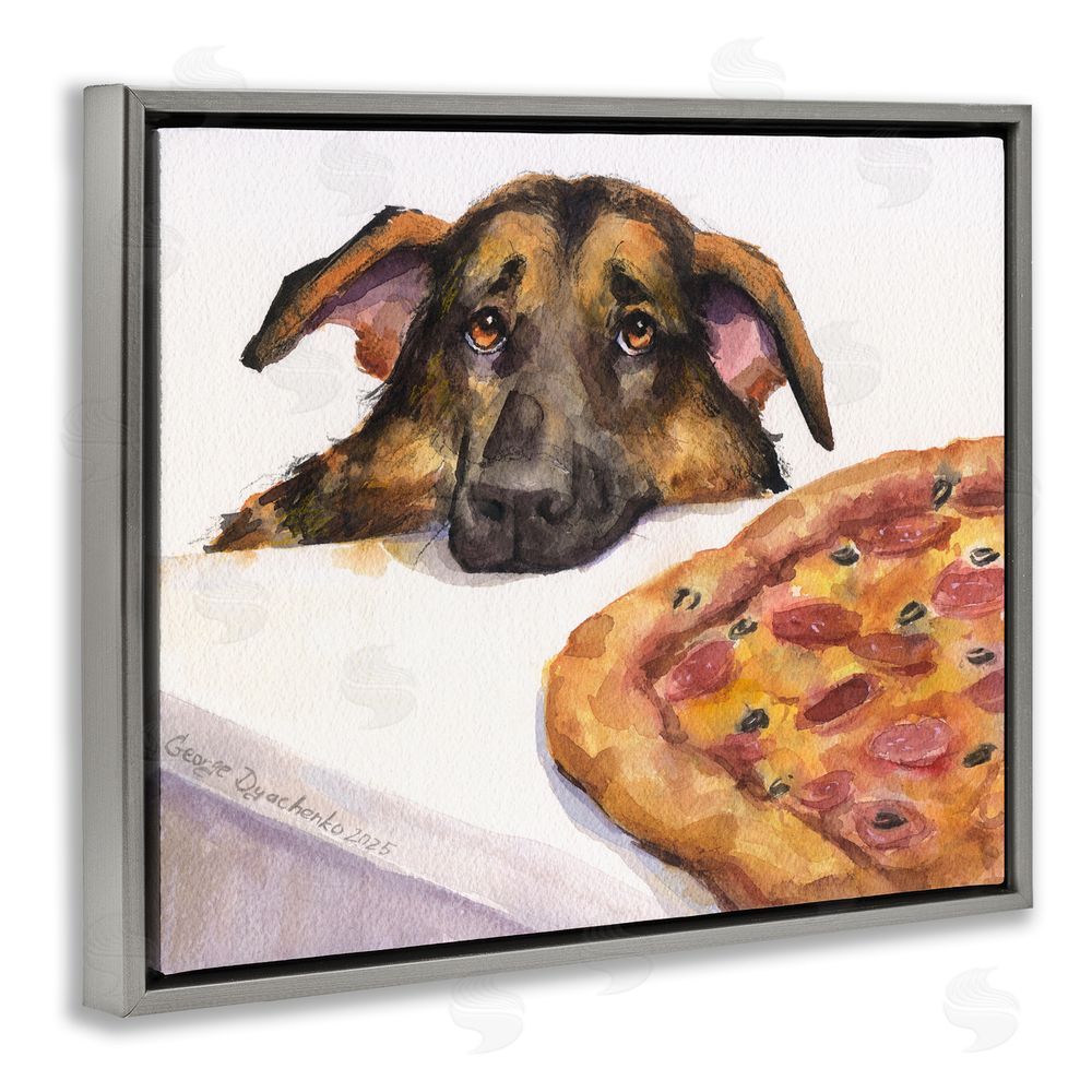 George Dyachenko German Shepherd with Pizza Gray Floating Frame Canvas Wall Art Print
