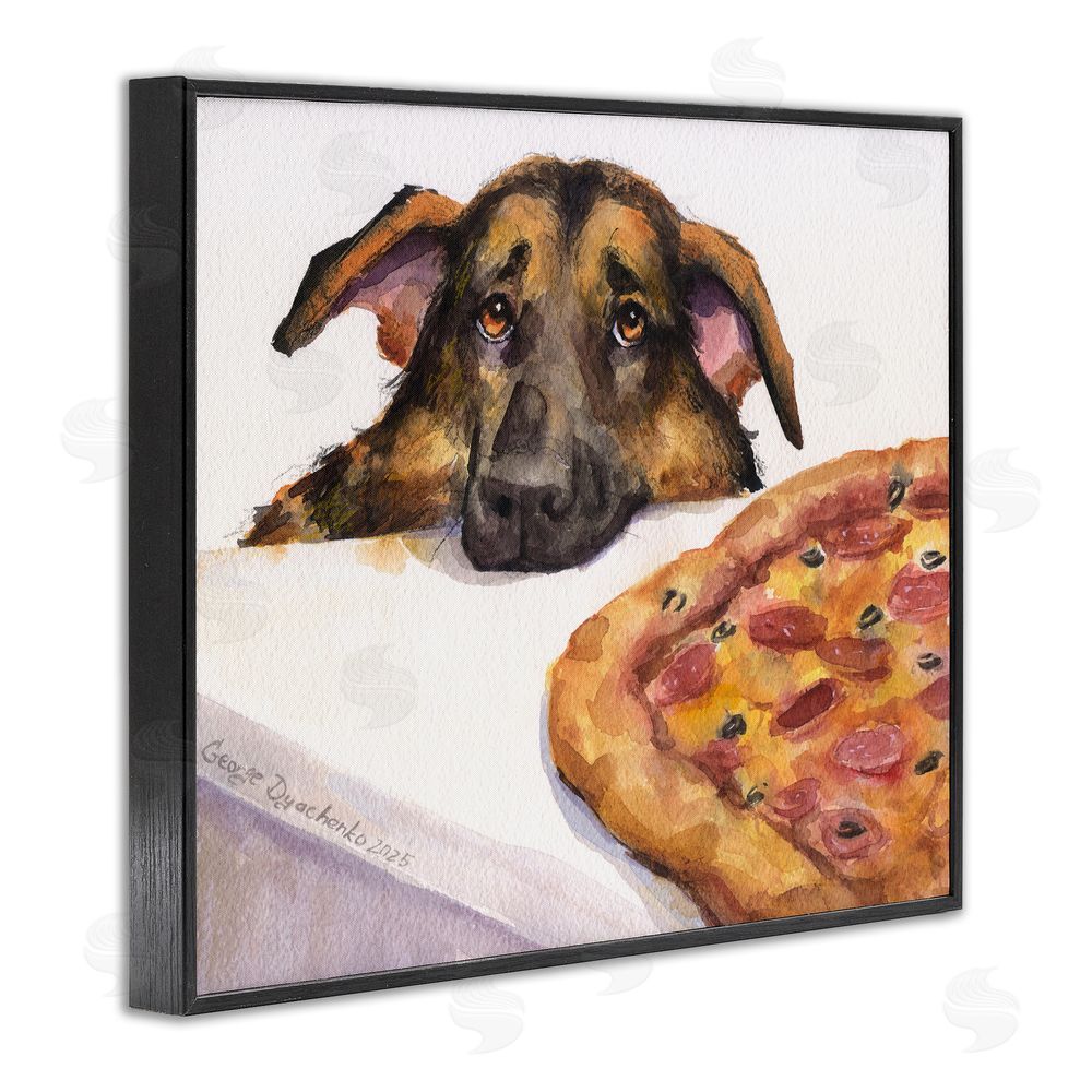 George Dyachenko German Shepherd with Pizza Black Framed Giclee Wall Art Print