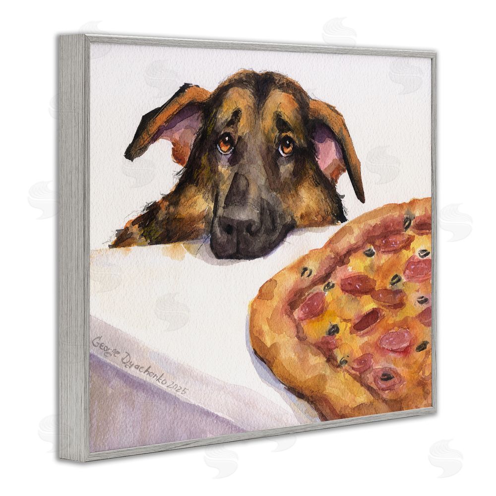 George Dyachenko German Shepherd with Pizza Gray Framed Giclee Wall Art Print