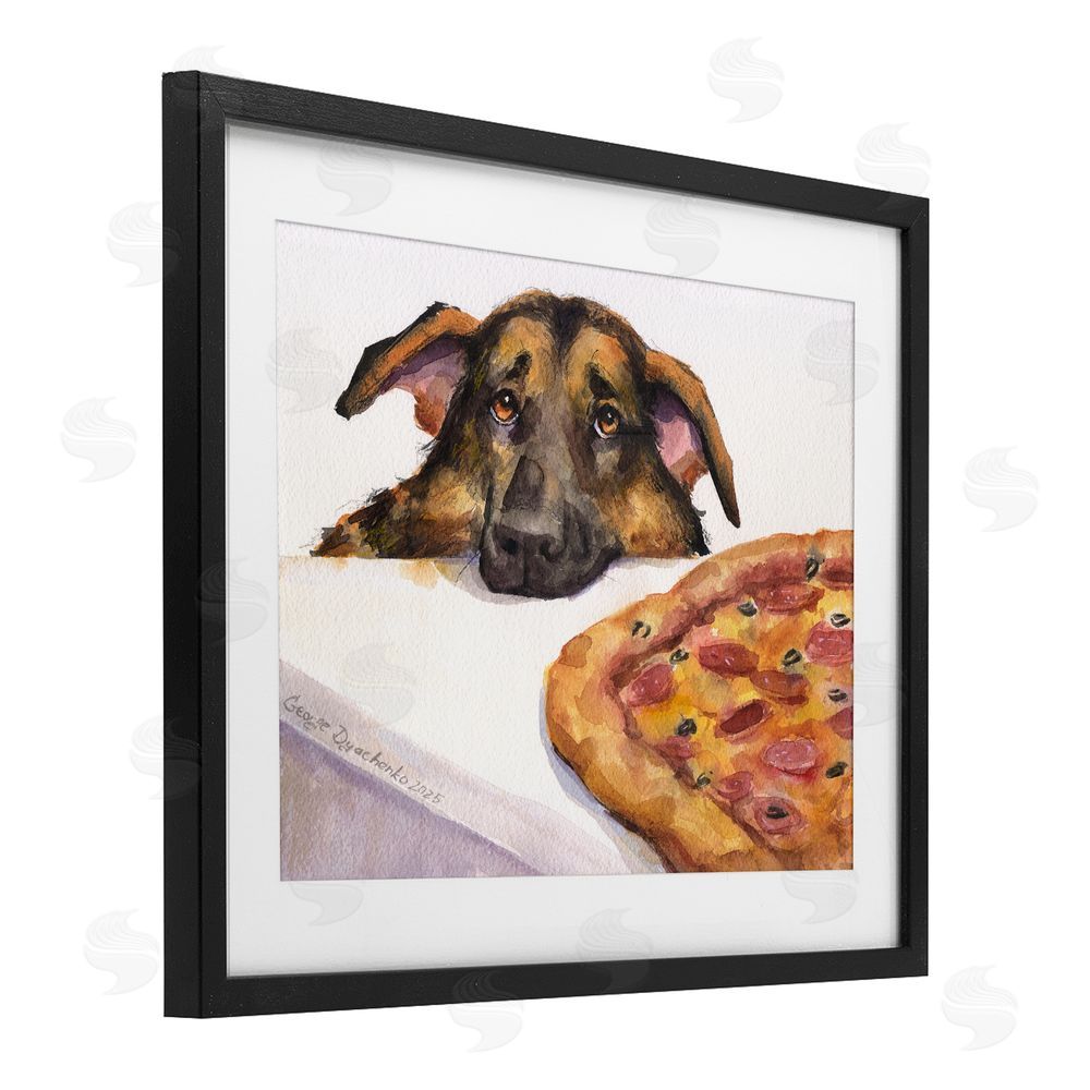 George Dyachenko German Shepherd with Pizza Black Framed Print Under Glass with White Mat Wall Art