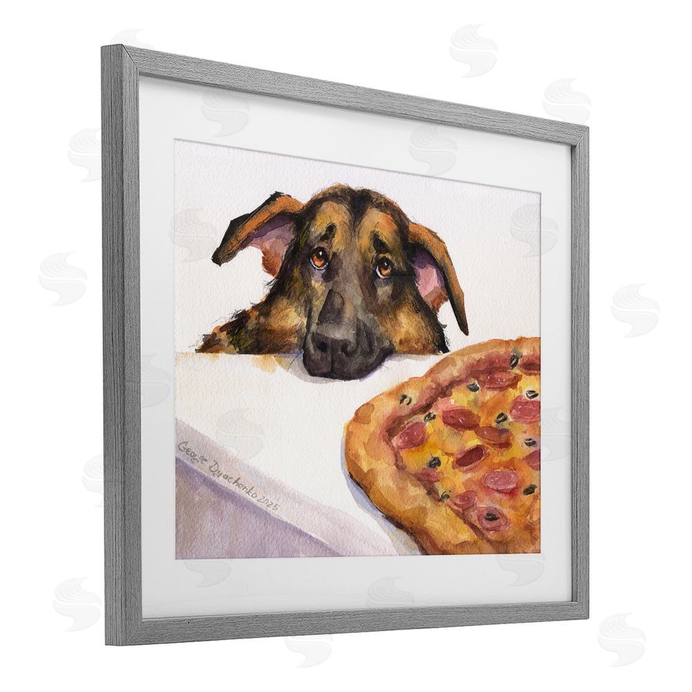 George Dyachenko German Shepherd with Pizza Gray Framed Print Under Glass with White Mat Wall Art