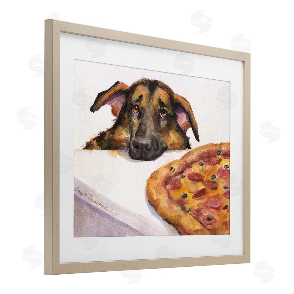 George Dyachenko German Shepherd with Pizza Birch Framed Print Under Glass with White Mat Wall Art
