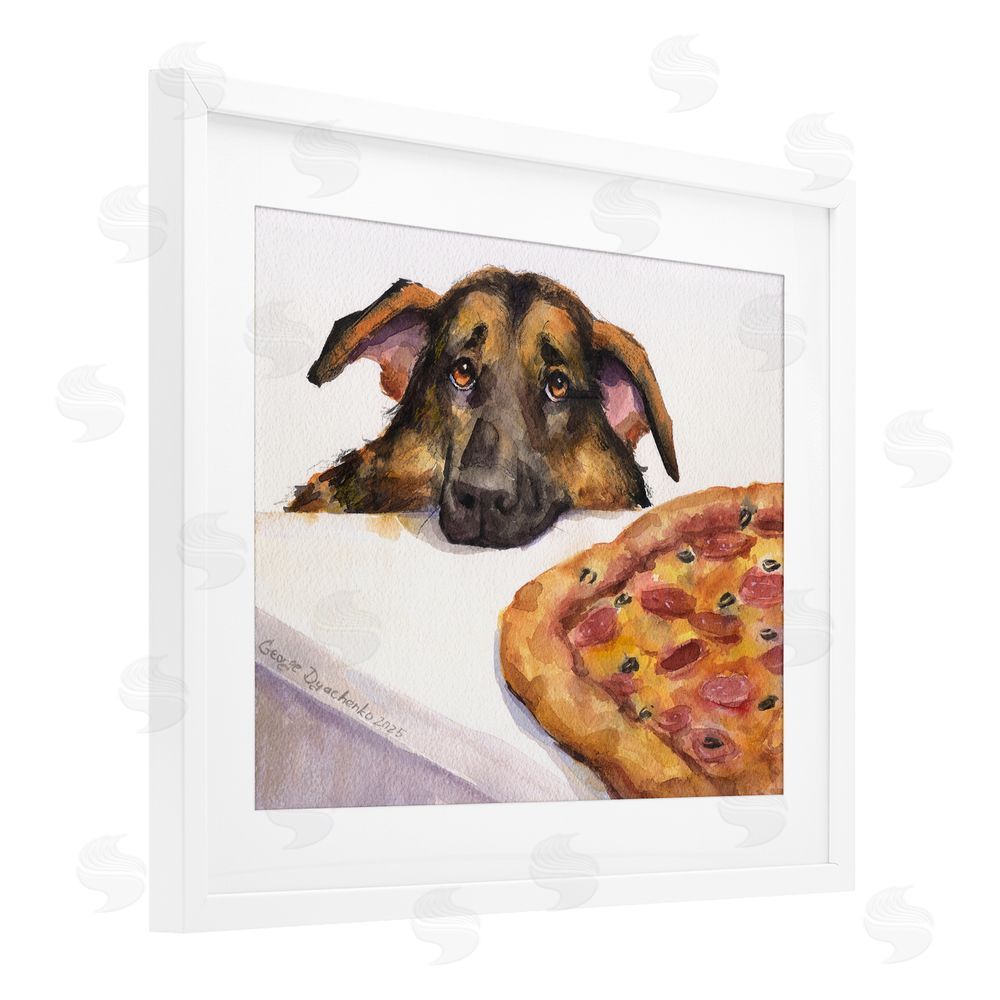 George Dyachenko German Shepherd with Pizza White Framed Print Under Glass with Mat Wall Art