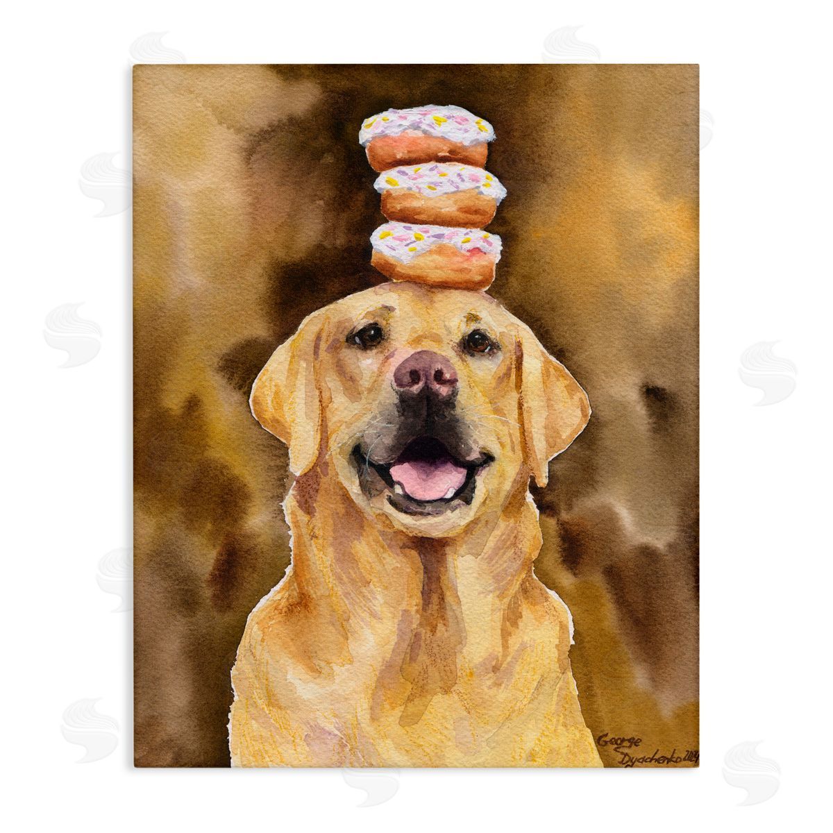 George Dyachenko Happy Golden Retriever with Donuts Canvas Wall Art Print