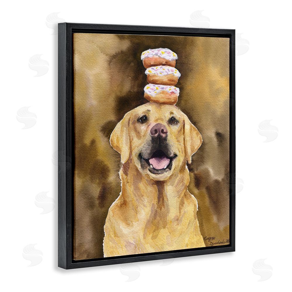 George Dyachenko Happy Golden Retriever with Donuts Black Floating Frame Canvas Wall Art Print