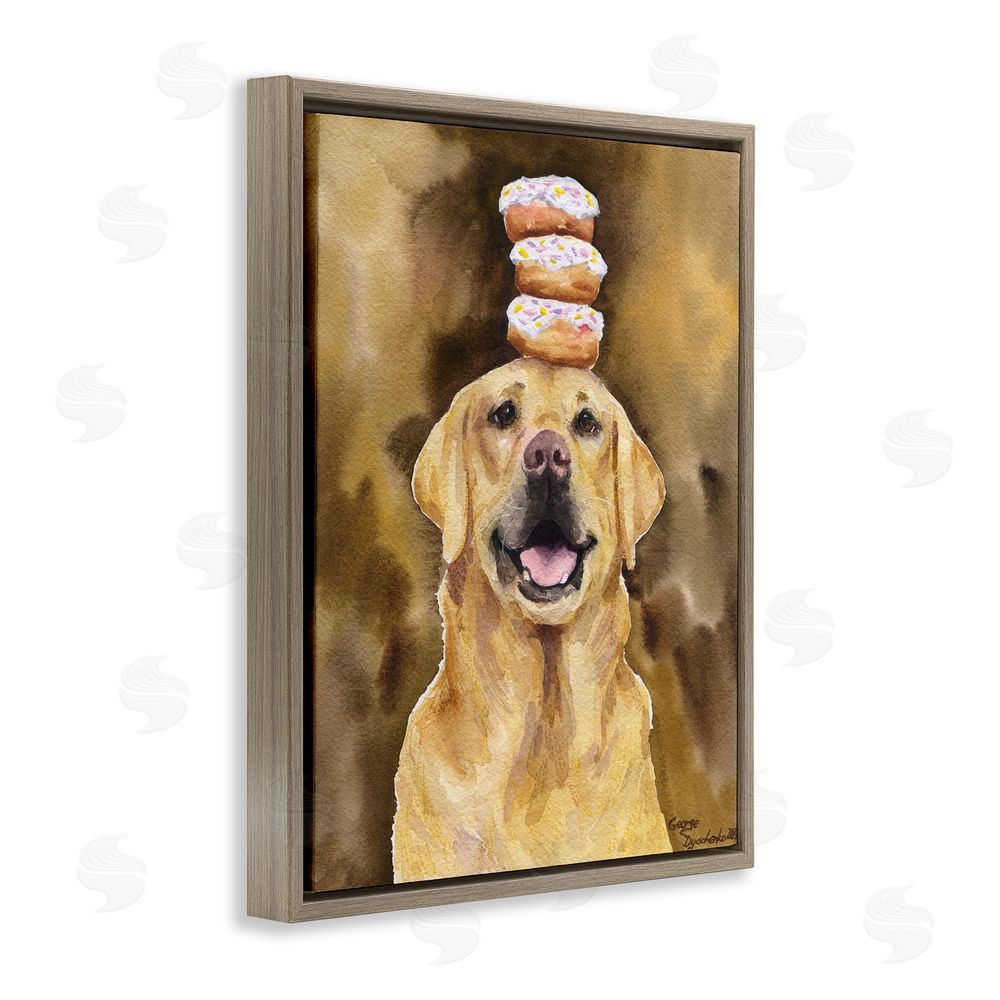 George Dyachenko Happy Golden Retriever with Donuts Brown Floating Frame Canvas Wall Art Print