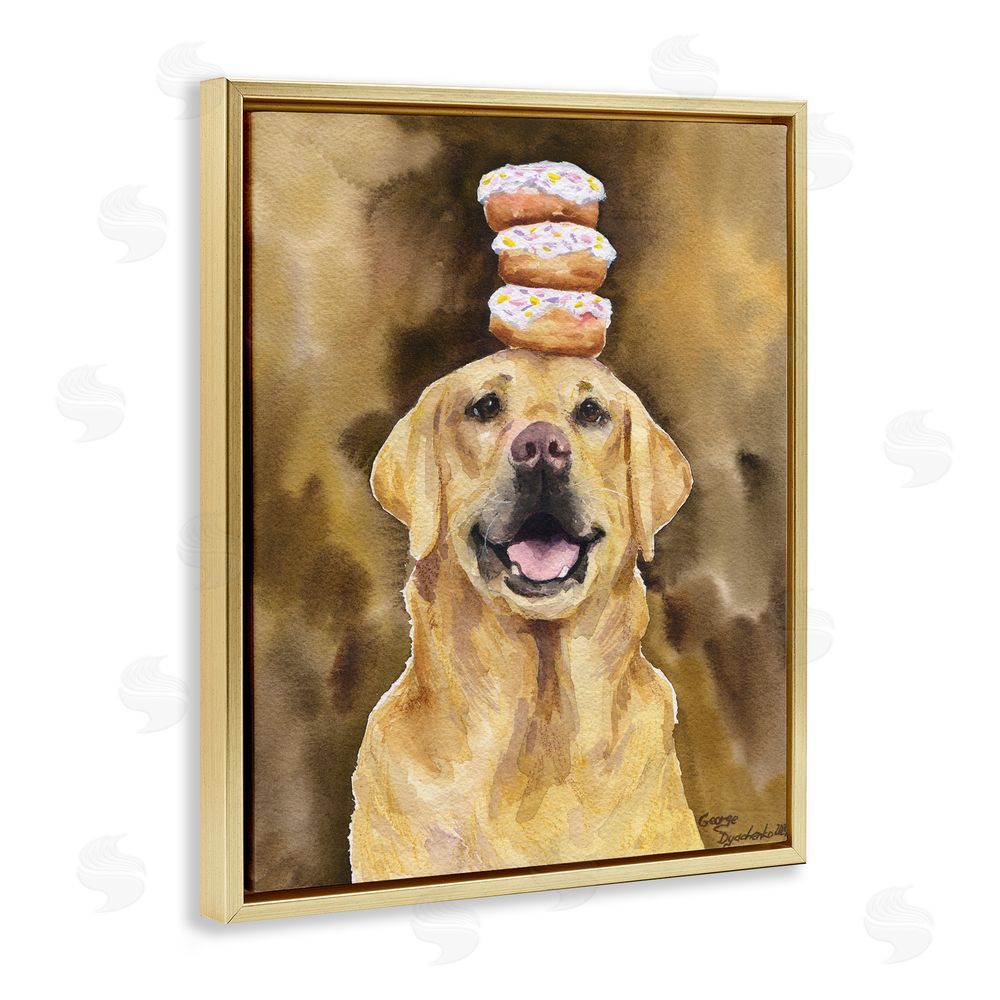 George Dyachenko Happy Golden Retriever with Donuts Gold Floating Frame Canvas Wall Art Print
