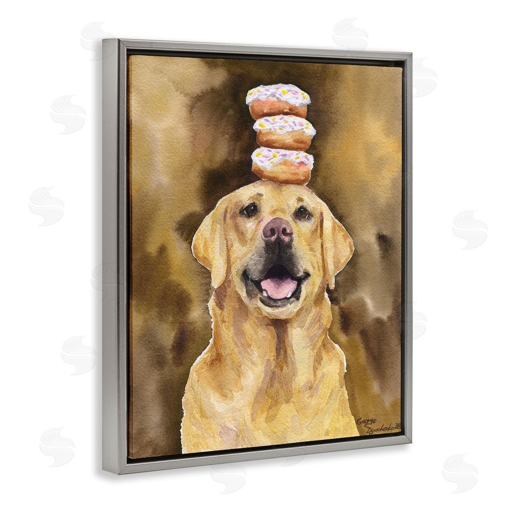 George Dyachenko Happy Golden Retriever with Donuts Gray Floating Frame Canvas Wall Art Print