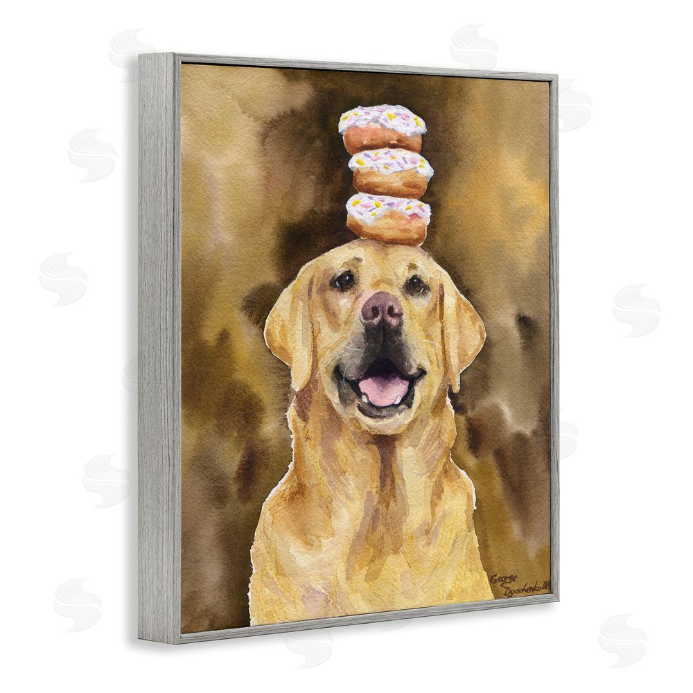 George Dyachenko Happy Golden Retriever with Donuts Gray Framed Giclee Wall Art Print