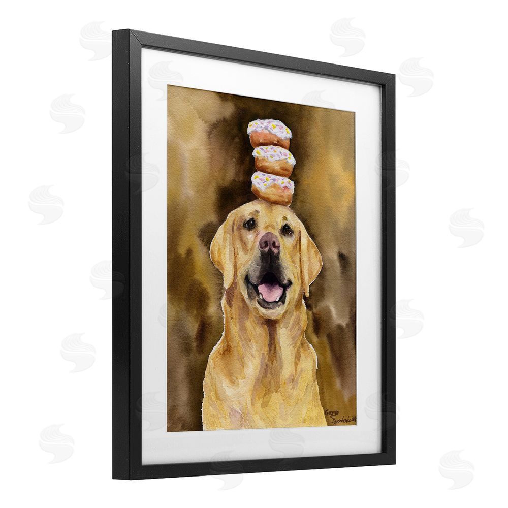 George Dyachenko Happy Golden Retriever with Donuts Black Framed Print Under Glass with White Mat Wall Art