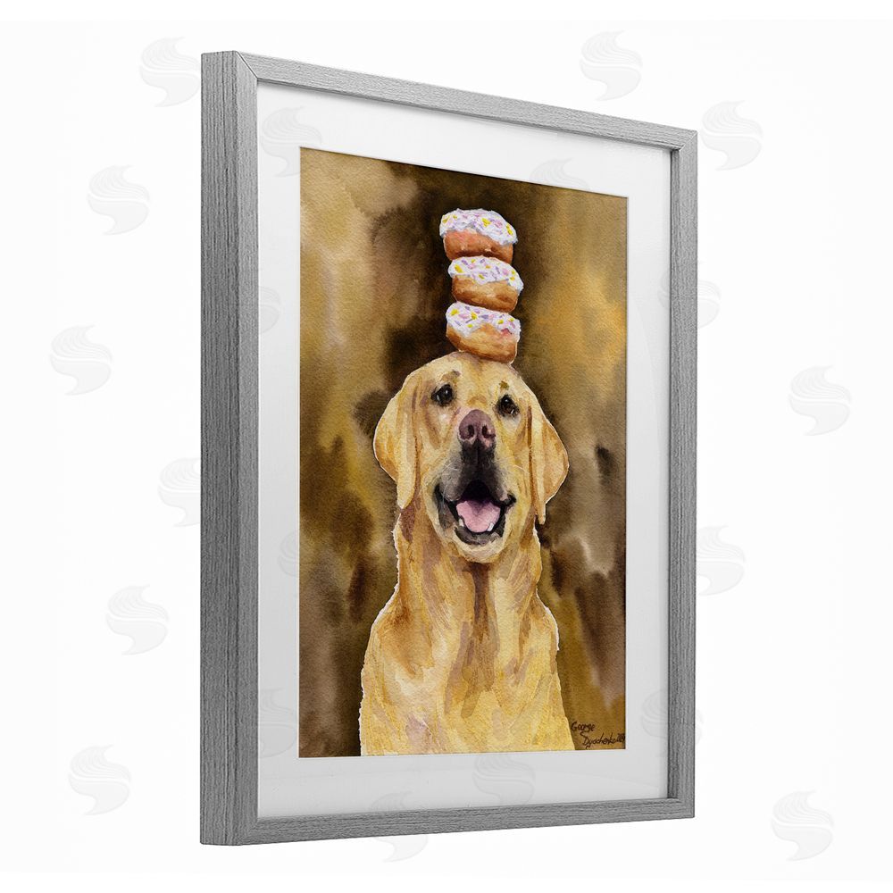 George Dyachenko Happy Golden Retriever with Donuts Gray Framed Print Under Glass with White Mat Wall Art