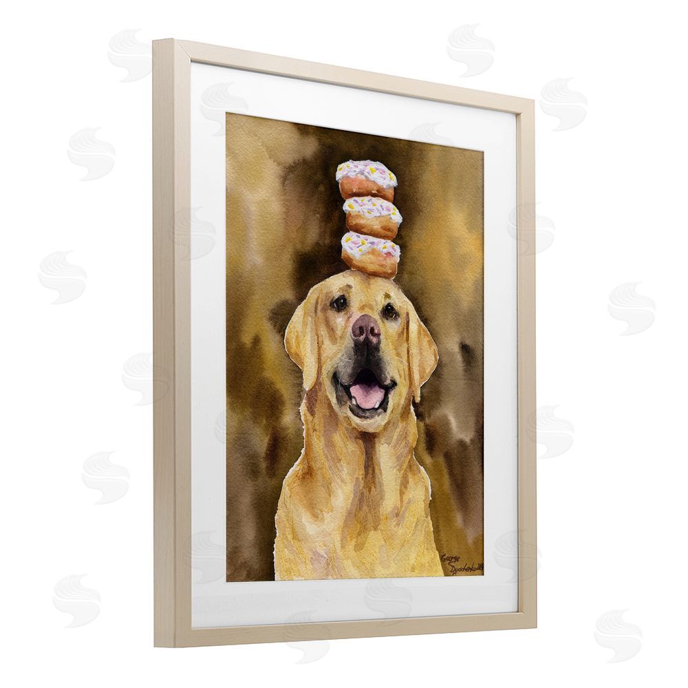 George Dyachenko Happy Golden Retriever with Donuts Birch Framed Print Under Glass with White Mat Wall Art