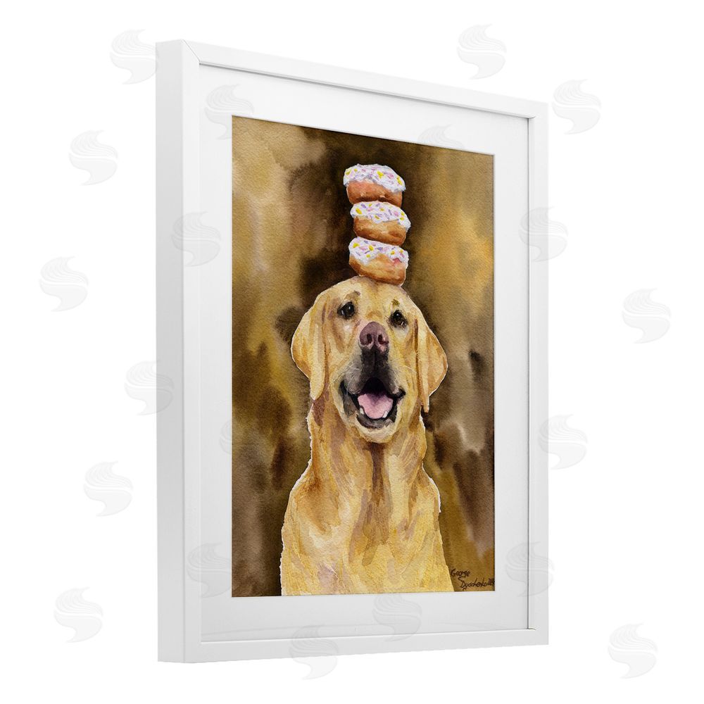George Dyachenko Happy Golden Retriever with Donuts White Framed Print Under Glass with Mat Wall Art