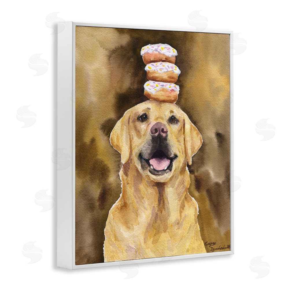 George Dyachenko Happy Golden Retriever with Donuts White Framed Giclee Wall Art Print