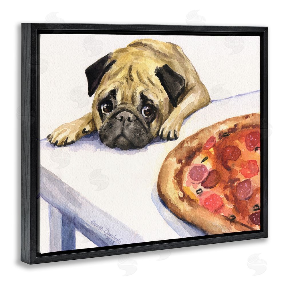 George Dyachenko Pug Really Wants Pizza Black Floating Frame Canvas Wall Art Print