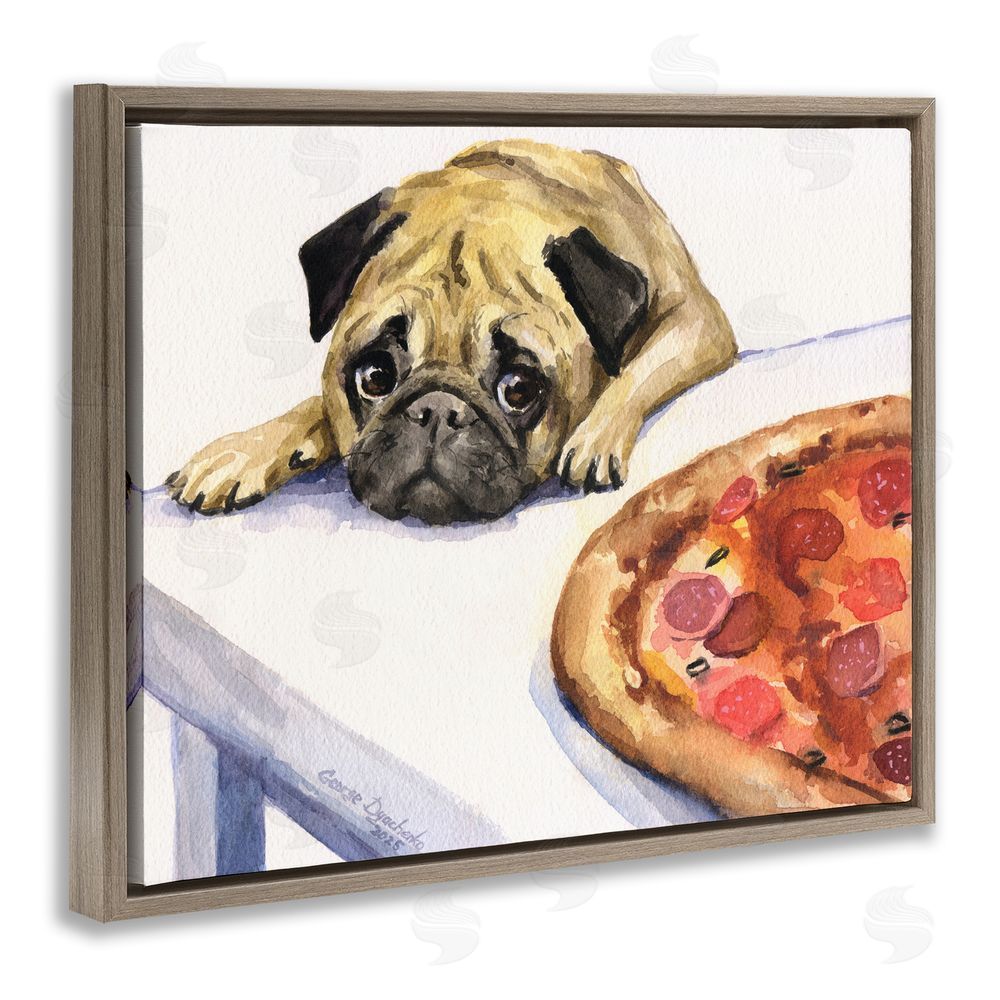 George Dyachenko Pug Really Wants Pizza Brown Floating Frame Canvas Wall Art Print
